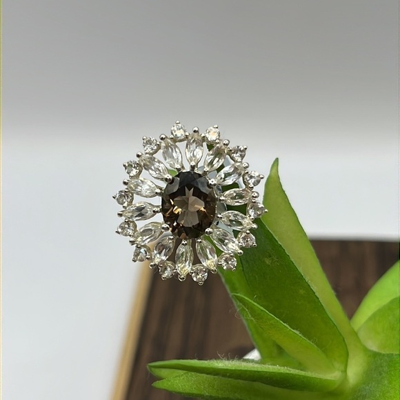 SMOKEY QUARTZ PENDANT WITH WHITE TOPAZ IN STERLING SILVER 5.62CTS 925 - Picture 6 of 10